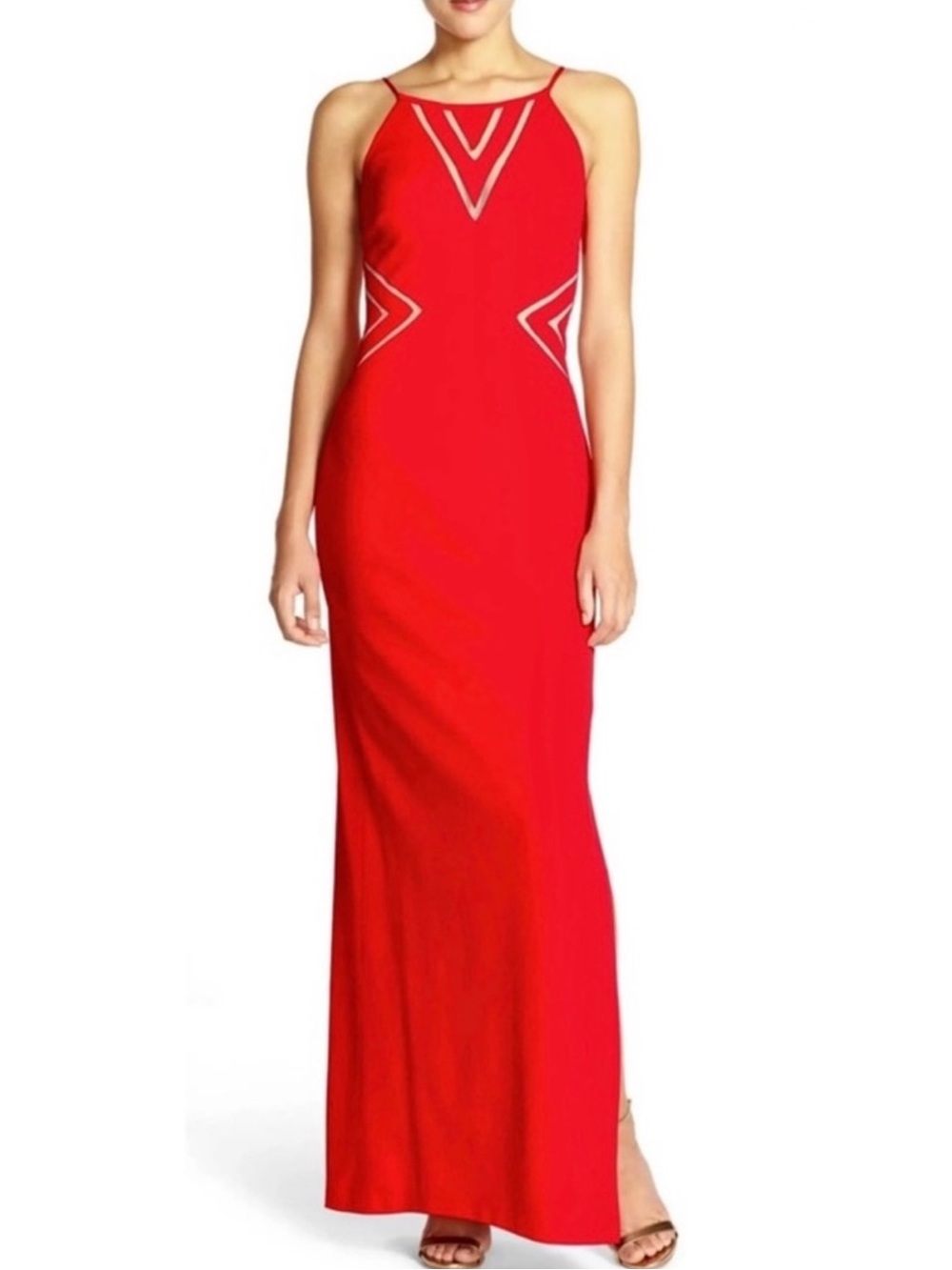 AIDAN MATTOX RED MESH INSET MAXI GOWN
